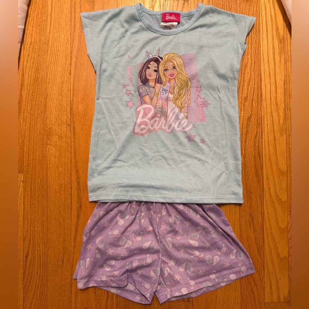 Barbie Unicorn Light Blue Top and Lavender Shorts Pajama Set size 7/8